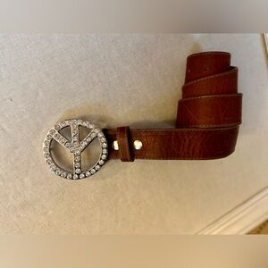 Leatherock vintage brown leather belt w Rhinestone Peace sign buckle - 32